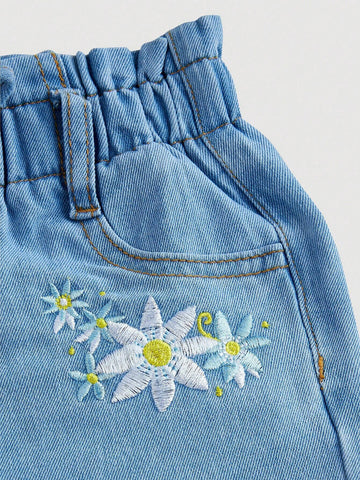 Young Girl Stylish Water-Washed Jeans With Paperbag Waist And Embroidered Flowers
