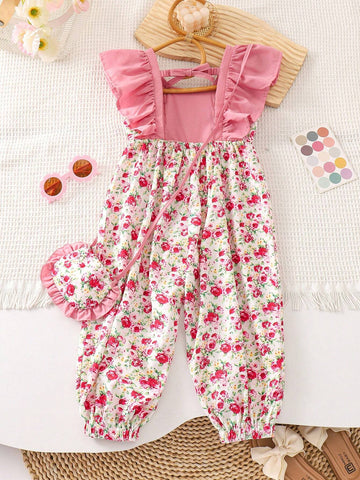 Young Girl Woven Floral Print Loose Casual Jumpsuit With Ruffled Square Neckline And Crossbody Bag
