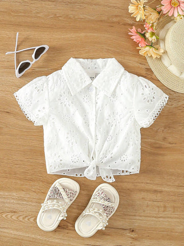 Young Girls' Casual Solid Color Lace Detail Shirt For Spring And Summer