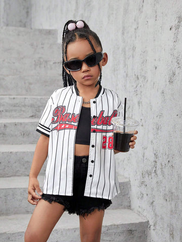 Young Girls' Casual Street Style Spring And Summer Woven Oversized Striped Short Sleeve Shirt