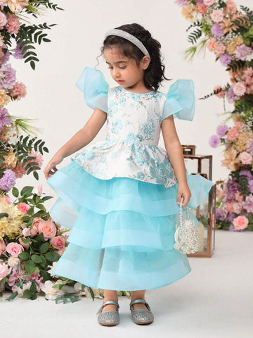 Young Girls' Cute Floral Jacquard Patchwork Organza Ruffle Layered Dress