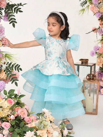 Young Girls' Cute Floral Jacquard Patchwork Organza Ruffle Layered Dress