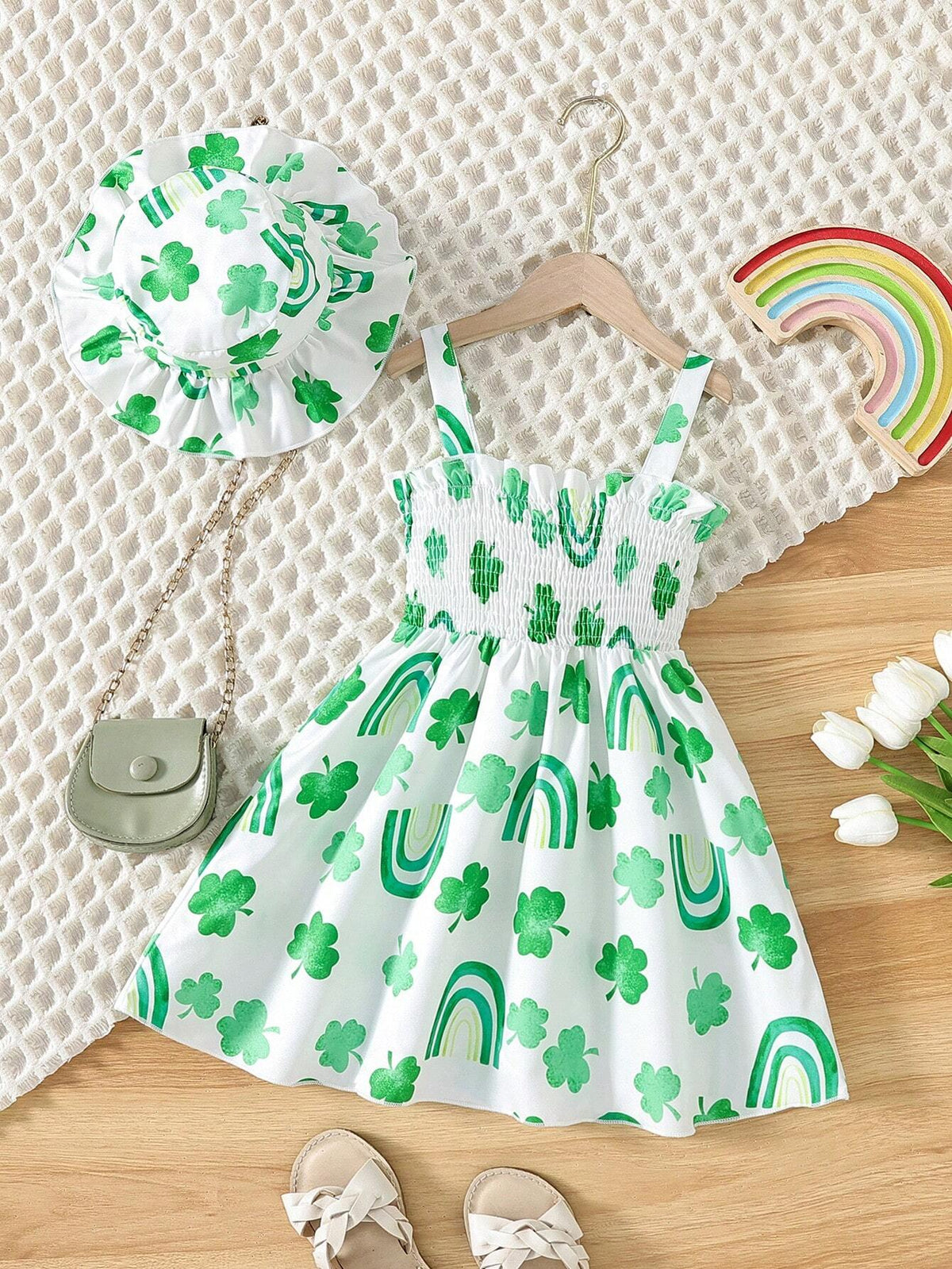 Young Girl's Holiday Style Green Clover Rainbow Pattern Fit & Shirred Cami Dress And Hairband Set, Suitable For St. Patrick's Day Summer Outfit