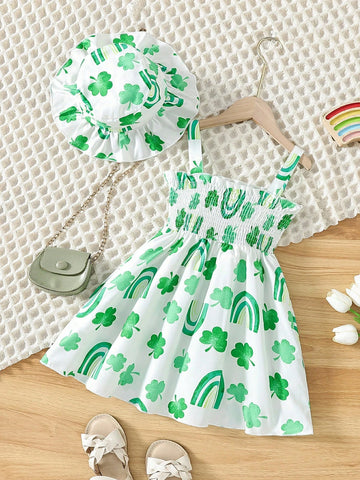Young Girl's Holiday Style Green Clover Rainbow Pattern Fit & Shirred Cami Dress And Hairband Set, Suitable For St. Patrick's Day Summer Outfit