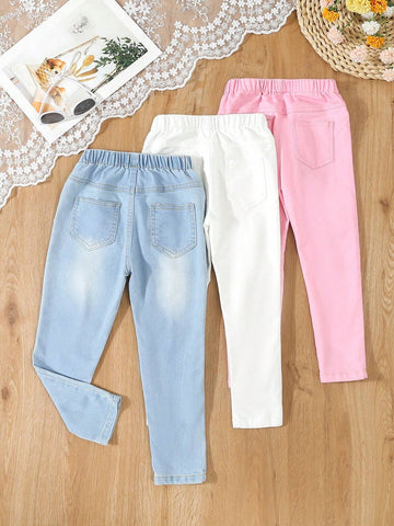 Set Of 3 Basic And Versatile Casual Ripped Skinny Jeans With Elastic Waistband For Young Girls