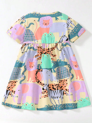 Short Sleeve Cartoon Animal Pattern Casual Comfy European & American Style Beach Princess Dress For Young Girls, 2-7 Years Old
