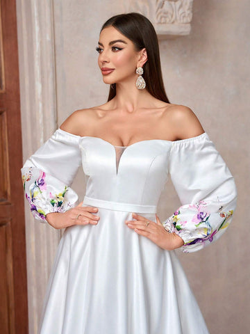 Simple Ladies Printed Wedding Dress With Small Train