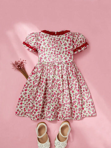 Single Piece Girls" Floral Dress With Ruffled Collar And Puffy Sleeves For Summer