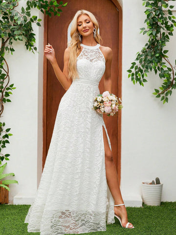 Sleeveless Halter Neckline Lace Wedding Dress With Waist Belt And High Slit