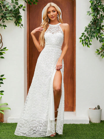 Sleeveless Halter Neckline Lace Wedding Dress With Waist Belt And High Slit
