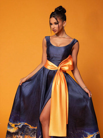 Smilprince Long Color-Blocking Elegant High-End Evening Dress With Large Round Neckline And Twisted Design