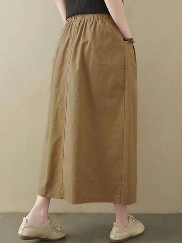 Solid Button Front Dual Pocket Skirt
