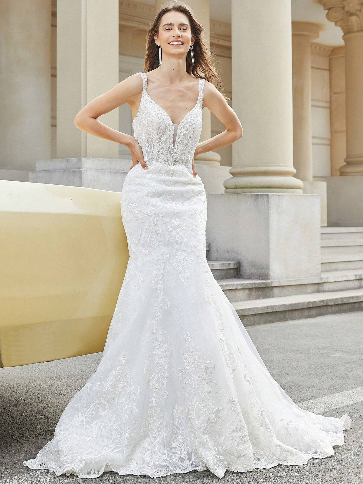 Solid Color Backless V-Neck Sleeveless Long Dress Wedding Dress