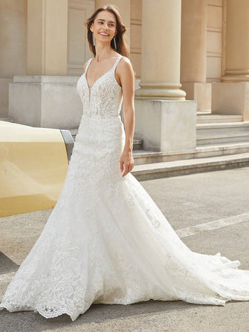 Solid Color Backless V-Neck Sleeveless Long Dress Wedding Dress