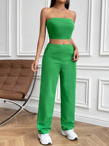 Solid Color Cropped Strapless Top And Slanted Pocket Pants Set