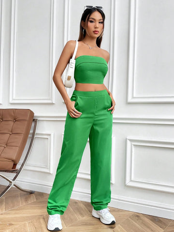 Solid Color Cropped Strapless Top And Slanted Pocket Pants Set