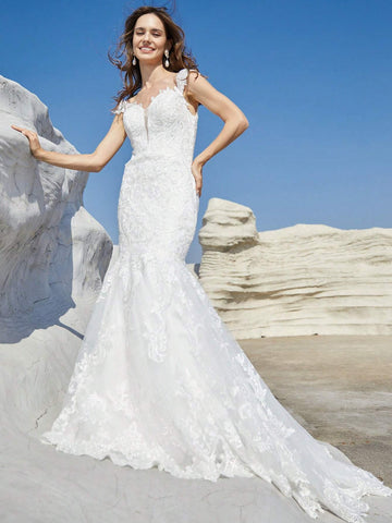 Solid Color Embroidery Mesh Train Wedding Dress
