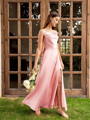 Solid Color High Side Slit Satin Cami Bridesmaid Dress