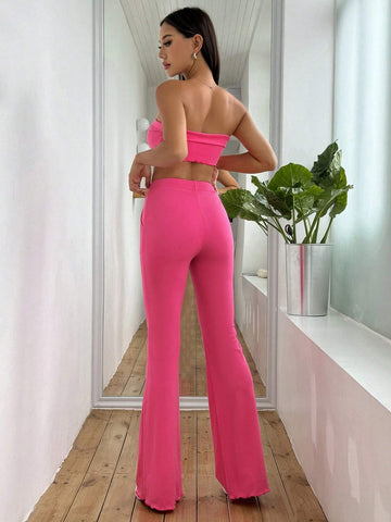 Solid Color Short Tube Top With Bell Bottom Pants Set For Summer