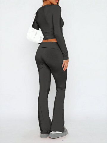 Solid Color Slim Fit Cropped Top And Pants Set