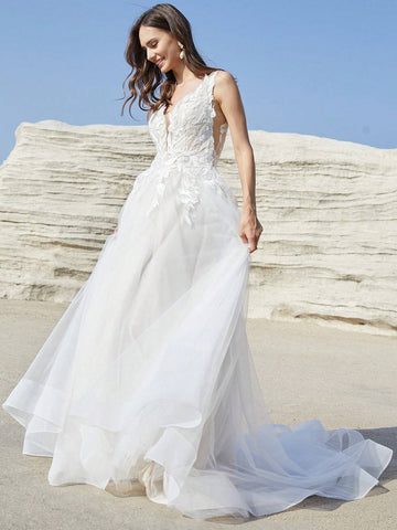 Solid Sleeveless Backless V-Neck Long Wedding Dress