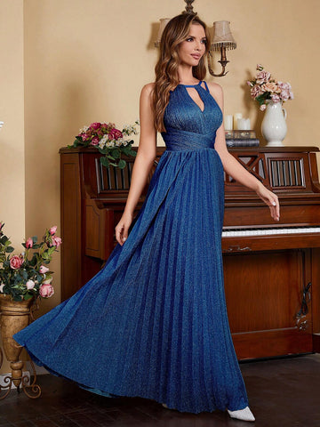 Sparkly Royal Blue Keyhole Neck Pleated Formal Evening Dresses For Women Halter Zip Back A-Line Bridemsaid Prom Party Gowns New Arrival