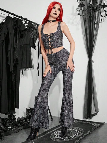 Spiderweb Print Tie Shoulder Sleeveless Top And Long Pants Set, Suitable For Party Or Music Festival