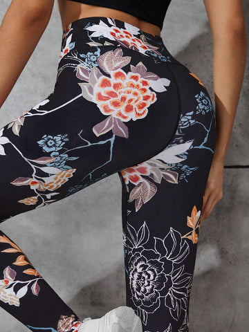 Sporty High Waist Wide Waistband Slim Fit Floral Print Tummy Control Running Yoga Stretchy Leggings