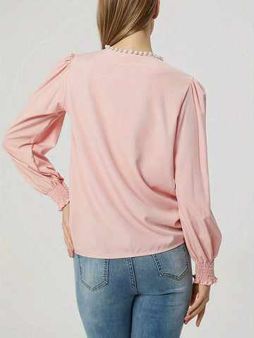 Spring/Autumn Pink Elegant Fashionable Round Neck Pullover Long Sleeve Shirt