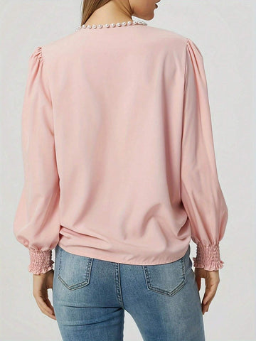 Spring/Autumn Pink Elegant Fashionable Round Neck Pullover Long Sleeve Shirt