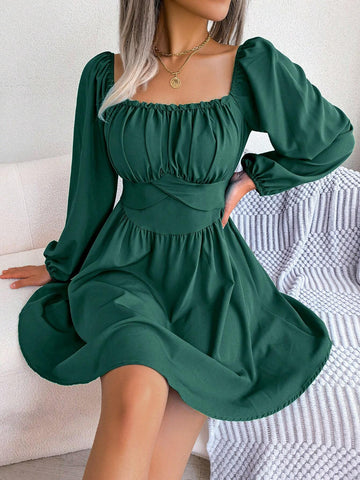 Spring/Summer European & American Style Casual Solid Color Square Neckline With Ruffle Trim Tied Waist & Bowknot Decorated Big Hem Dress