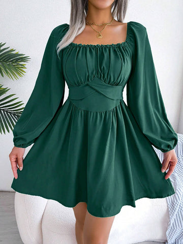 Spring/Summer European & American Style Casual Solid Color Square Neckline With Ruffle Trim Tied Waist & Bowknot Decorated Big Hem Dress