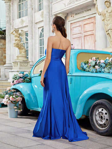 Strapless Solid Color Banquet Matched With High Slit Long Skirt
