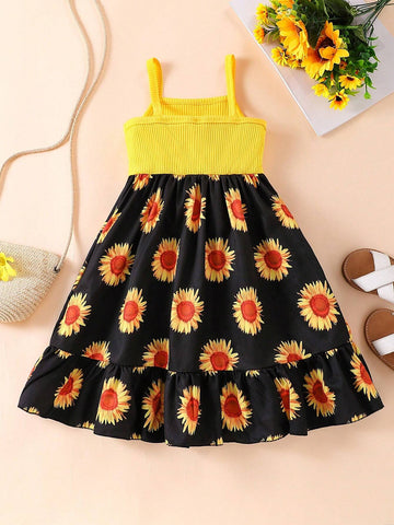 Summer Girls' Yellow Sunflower Printed Spaghetti Strap Patchwork Dress