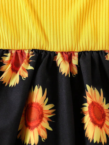 Summer Girls' Yellow Sunflower Printed Spaghetti Strap Patchwork Dress