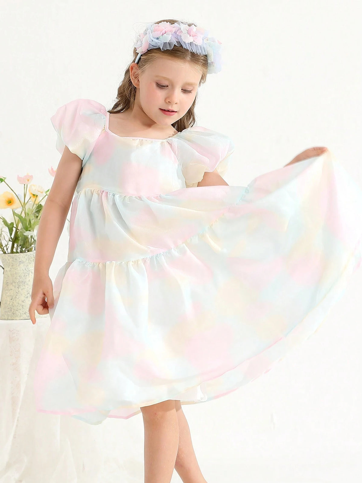 Summer New Arrival Dreamlike Colorful Gradient Bubble Sleeve Dress With Chic Square Neckline, Simple Princess Style