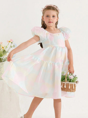 Summer New Arrival Dreamlike Colorful Gradient Bubble Sleeve Dress With Chic Square Neckline, Simple Princess Style
