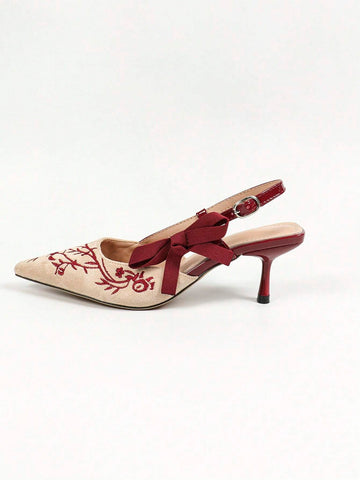 Summer Open Toe Ankle Strap High Heel Sandals With Embroidery, Bow And Thin Heel, For Women