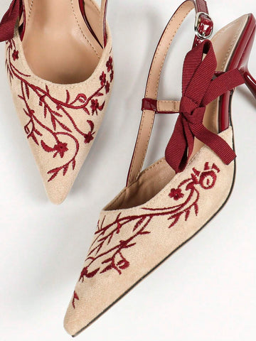 Summer Open Toe Ankle Strap High Heel Sandals With Embroidery, Bow And Thin Heel, For Women