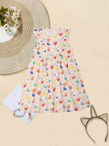 Summer Sleeveless Dress For Young Girls, Round Neck, Soft And Comfortable Fabric, Cool And Simple, Fashionable Style, Heart Pattern Print