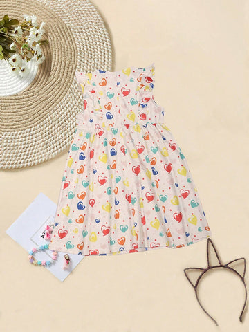 Summer Sleeveless Dress For Young Girls, Round Neck, Soft And Comfortable Fabric, Cool And Simple, Fashionable Style, Heart Pattern Print