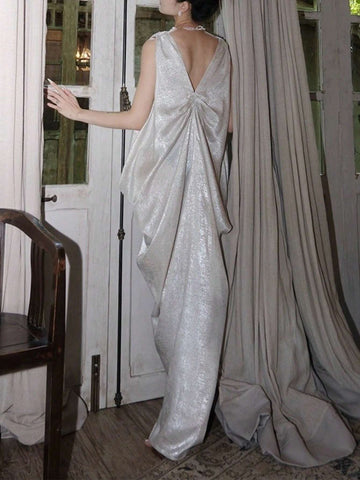 Summer Solid Color Pleated Floor-Length Sleeveless Bridal Shower Dress