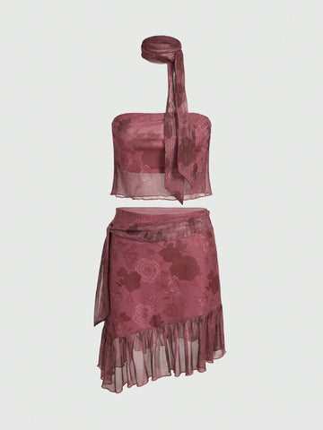 Sweetness Romantic Rose Y2k Style Women's Slim Fit Sleeveless Top And Asymmetrical Hem Skirt Set