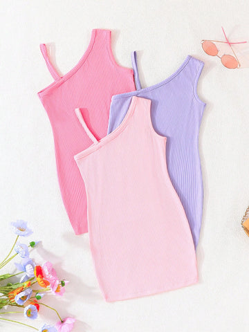 Three-Piece Simple Y2K Summer New Solid Color Asymmetric Strap Candy Color Dress Set For Young Girls