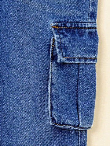Toddler Girls" Casual Fashion Straight-Leg Denim Work Pants With Multi-Pockets