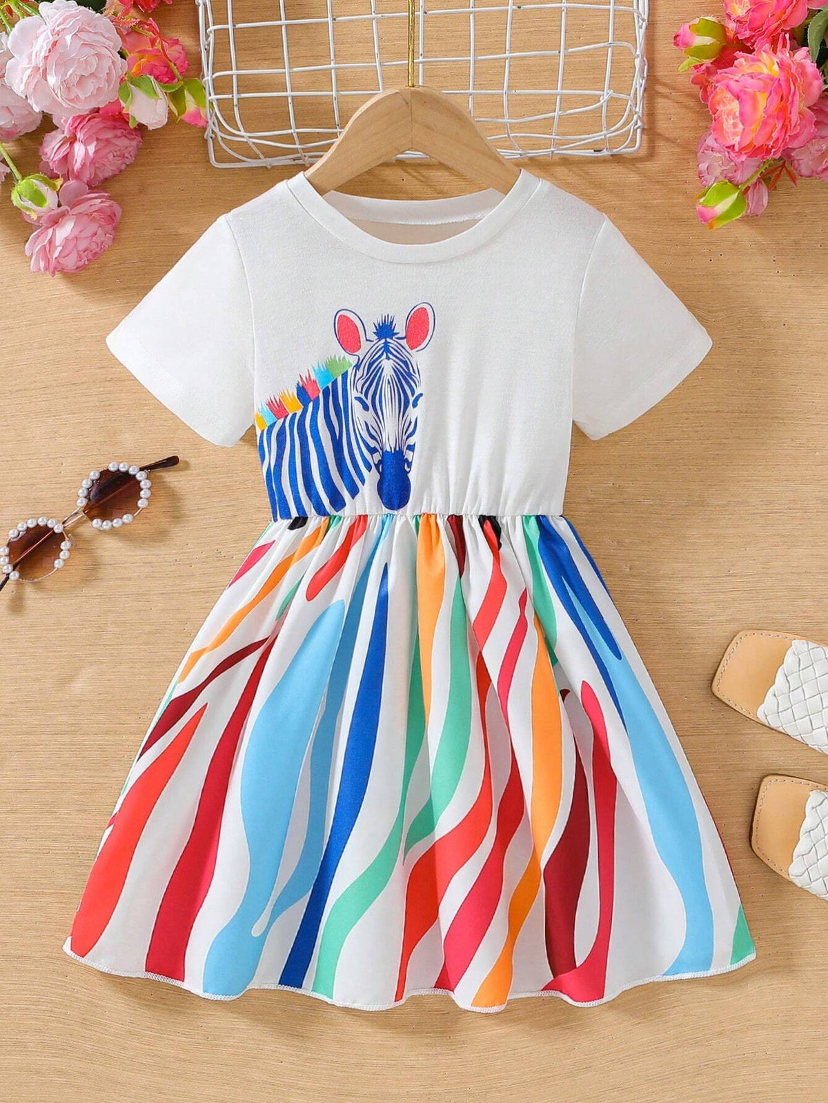 Toddler Girls Colorful Zebra Print Short Sleeve Round Neck Casual Cute Dress For Spring And Summer
