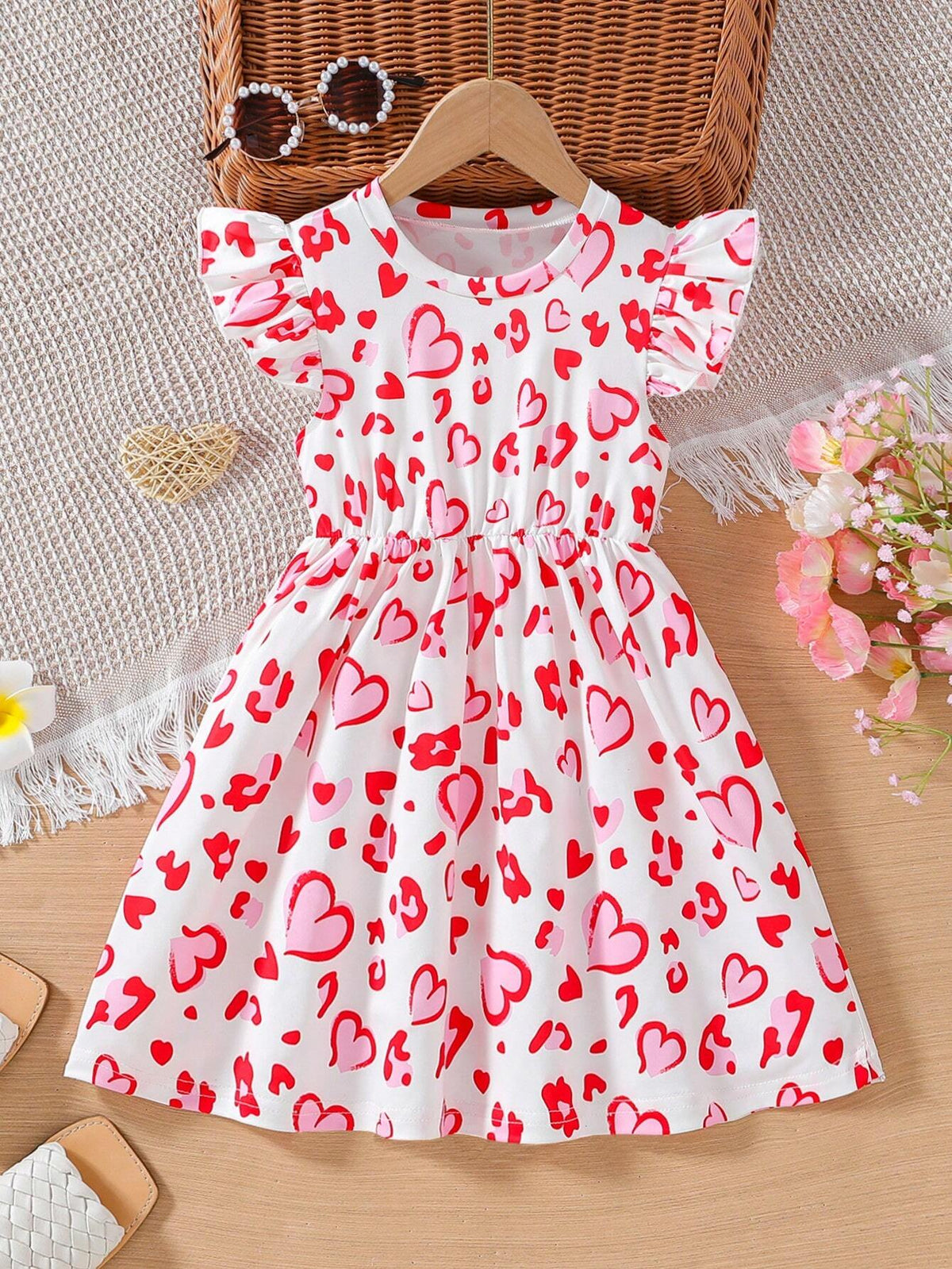 Toddler Girls Cute Pink Leopard Heart Printed Sleeveless Dress With Floral Lace For SpringSummer