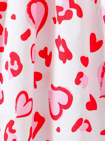 Toddler Girls Cute Pink Leopard Heart Printed Sleeveless Dress With Floral Lace For SpringSummer