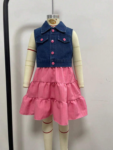 Toddler Girls Denim Jacket And Pink Textured Fabric Dress Cute Casual 2 Piece Set For Spring And Summer