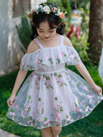 Toddler Girls" Embroidered Princess Dress, Off Shoulder Puff Ball Gown, Ideal For Weddings, Flower Girls, Or Beach Vacations
